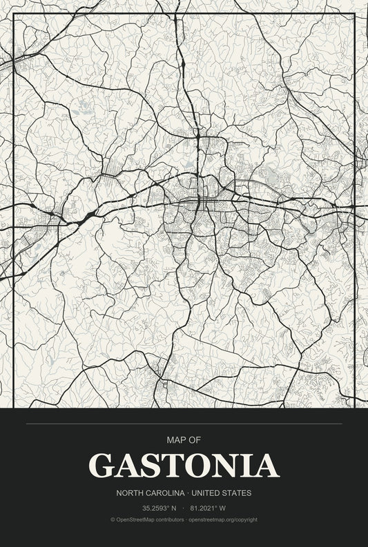 Gastonia, North Carolina City Map Aluminum Sign in Museum Plaque style