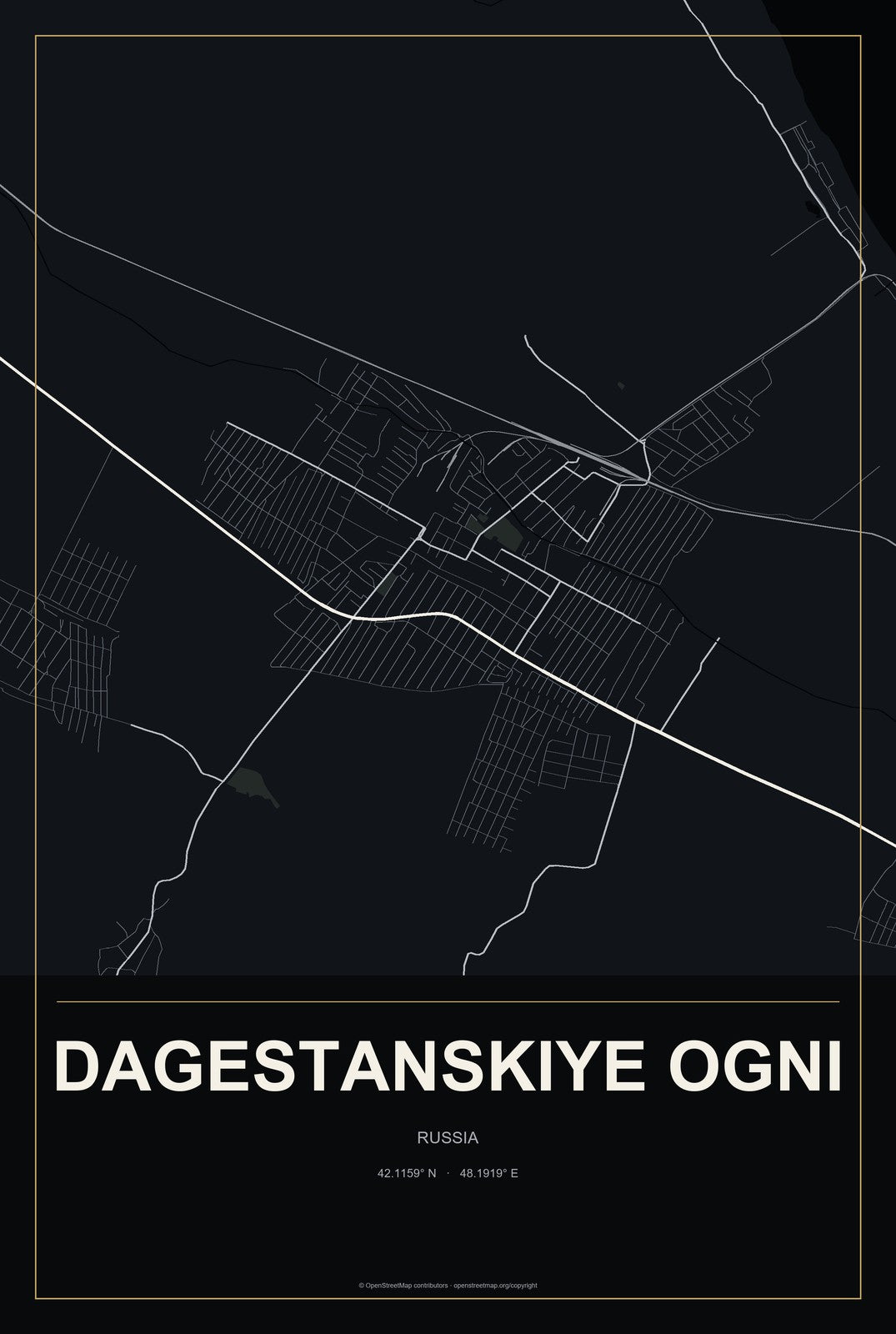 Dagestanskiye Ogni, Russia City Map Aluminum Sign in Metropolitan Noir style