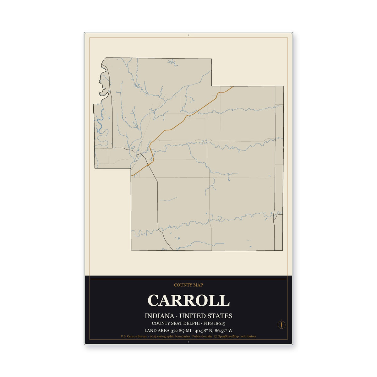 Carroll County, Indiana Map Aluminum Sign in Museum Plaque style