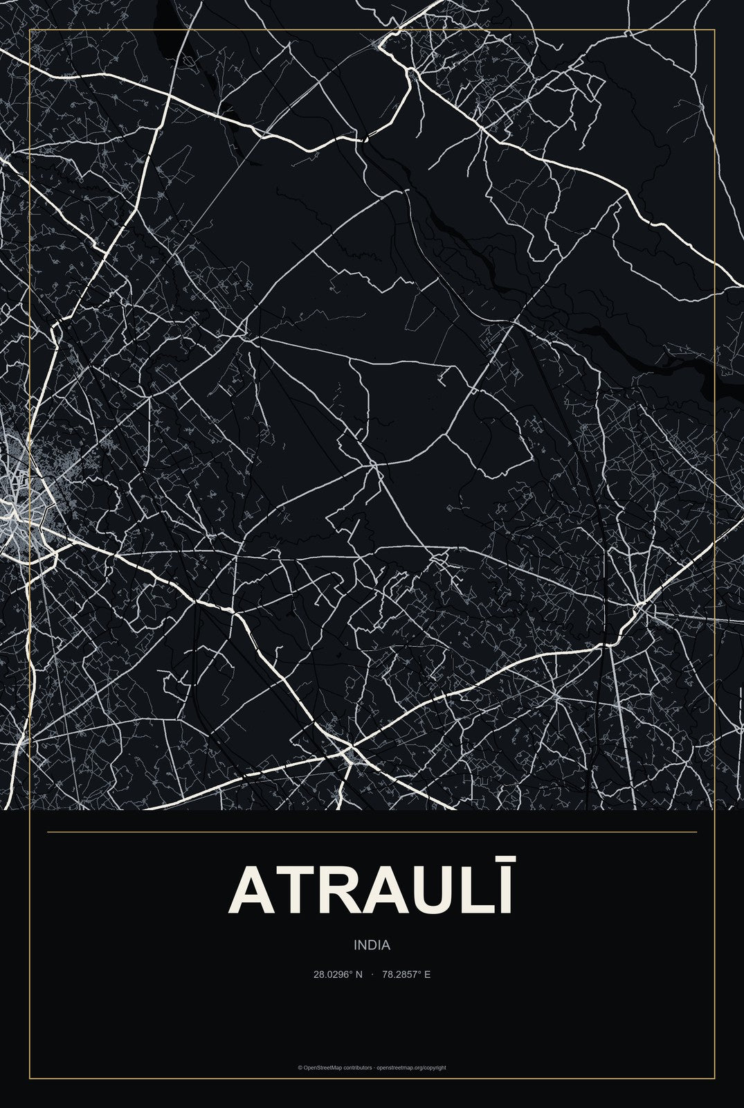 Atraulī, India City Map Aluminum Sign in Metropolitan Noir style