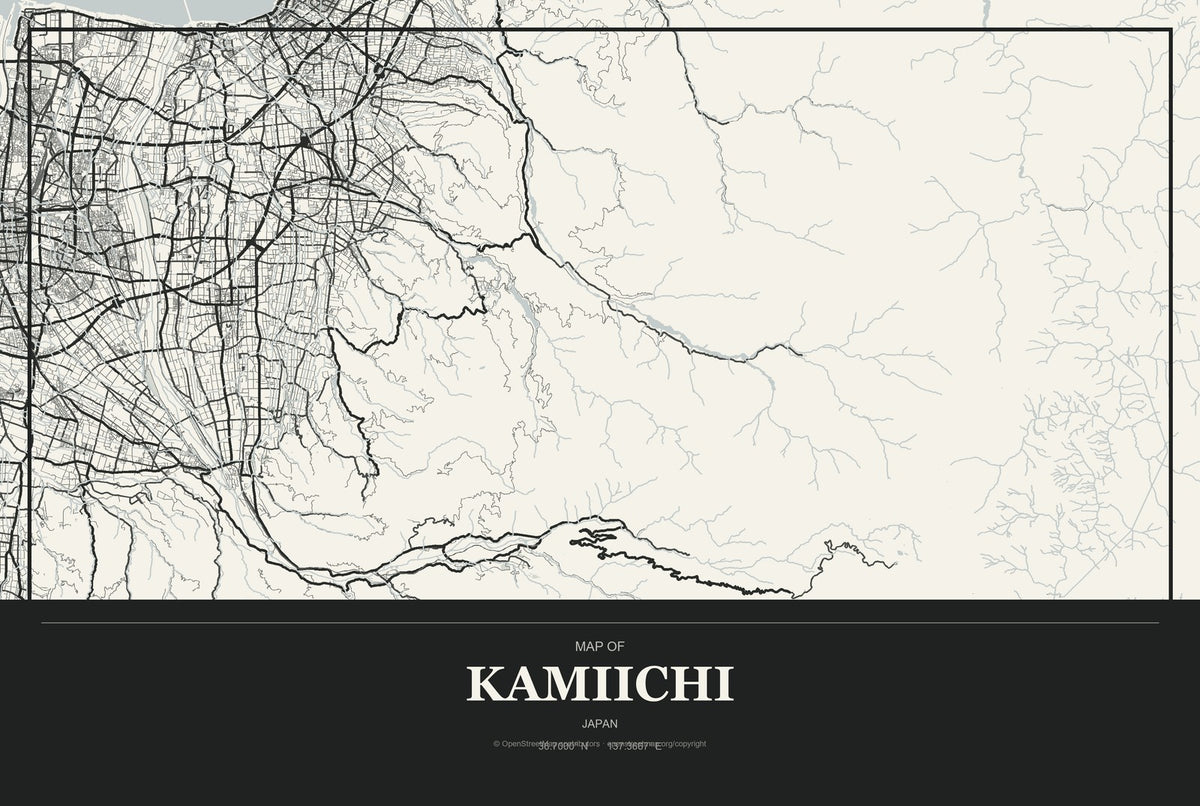 Kamiichi, Japan City Map Aluminum Sign in Museum Plaque style