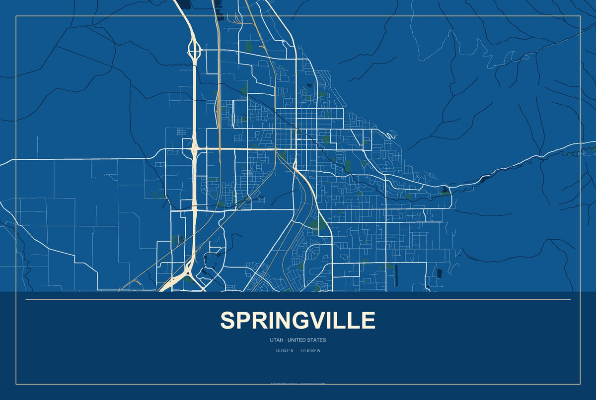 Springville, Utah City Map Aluminum Sign in Harbor Cobalt style