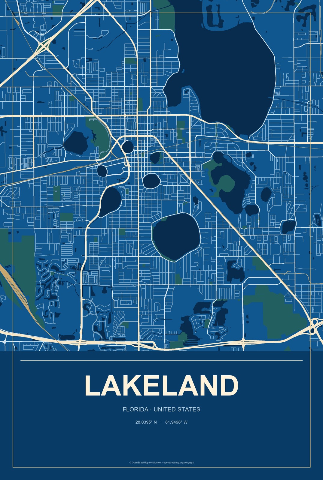 Lakeland, Florida City Map Aluminum Sign in Harbor Cobalt style