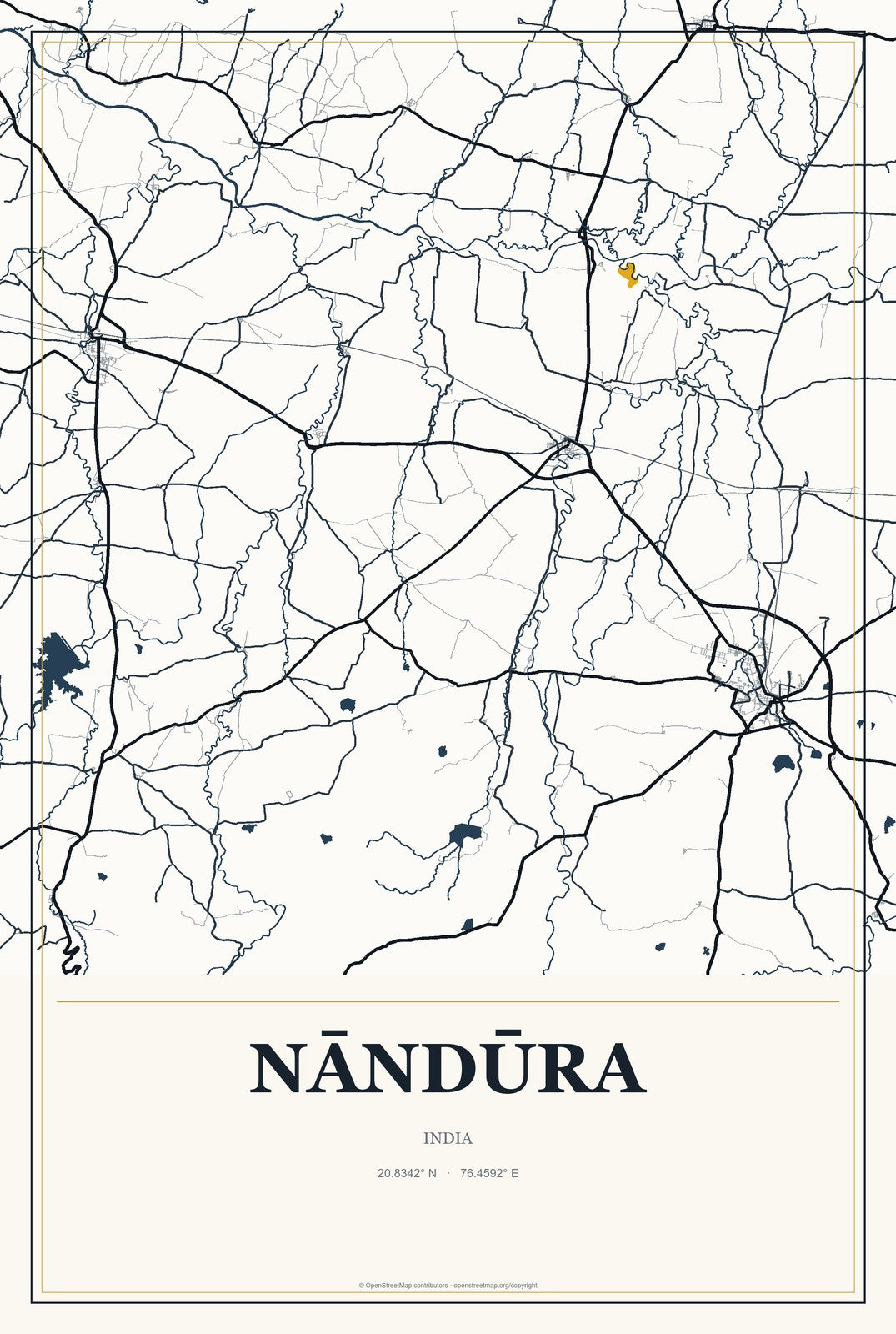 Nāndūra, India City Map Aluminum Sign in Citrine Modern style