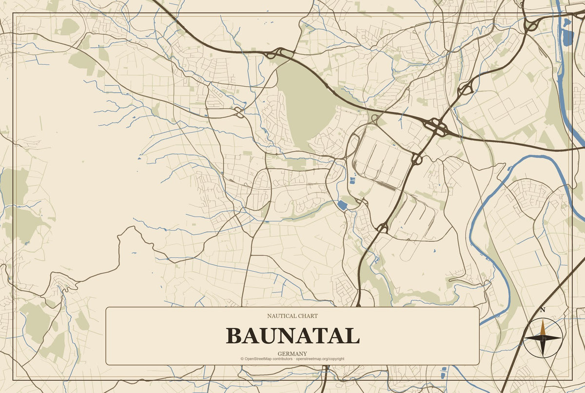 Baunatal, Germany City Map Aluminum Sign in Heritage Nautical style