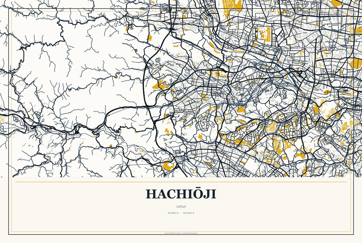 Hachiōji, Japan City Map Aluminum Sign in Citrine Modern style