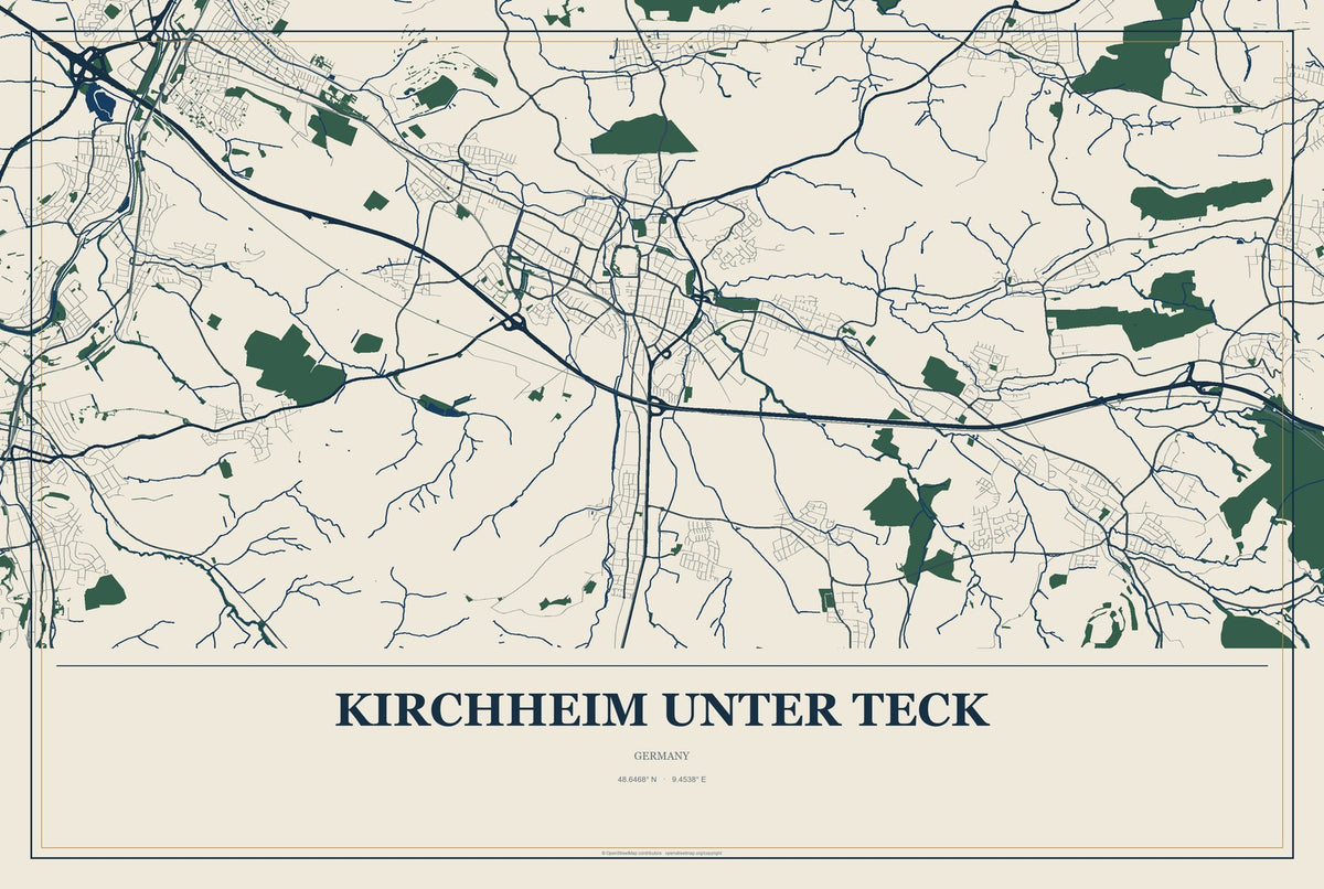 Kirchheim unter Teck, Germany City Map Aluminum Sign in Coastal Cutout style