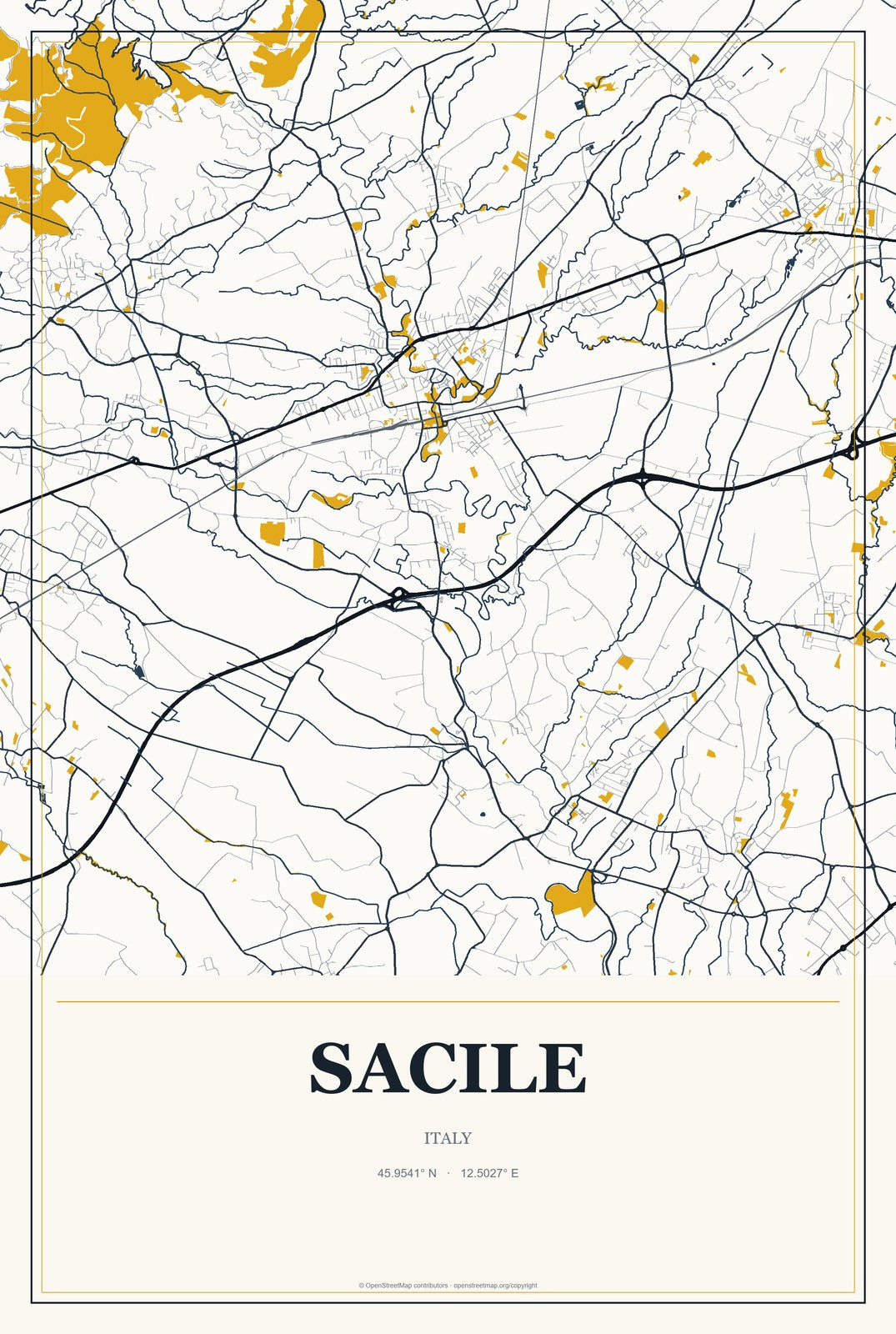 Sacile, Italy City Map Aluminum Sign in Citrine Modern style