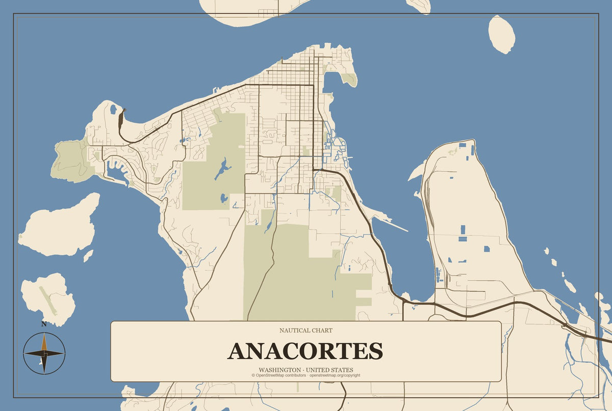 Anacortes, Washington City Map Aluminum Sign in Heritage Nautical style