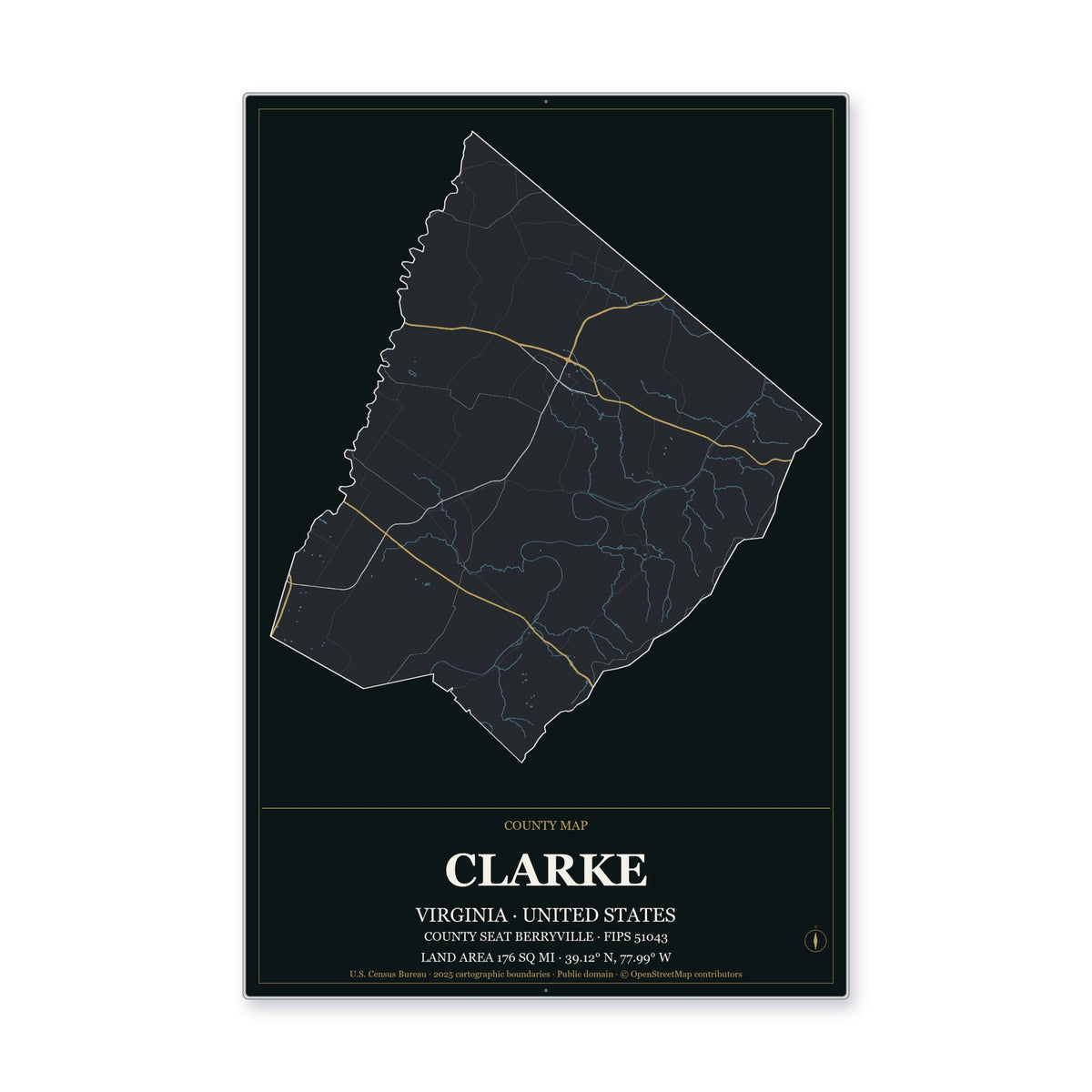 Clarke County, Virginia Map Aluminum Sign in Metropolitan Noir style