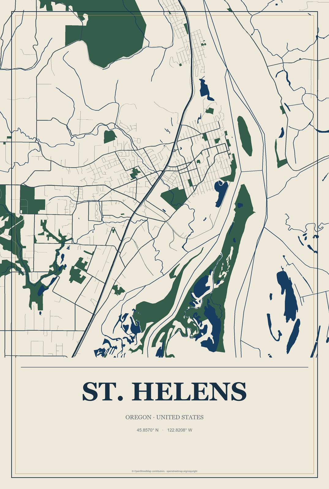 St. Helens, Oregon City Map Aluminum Sign in Coastal Cutout style