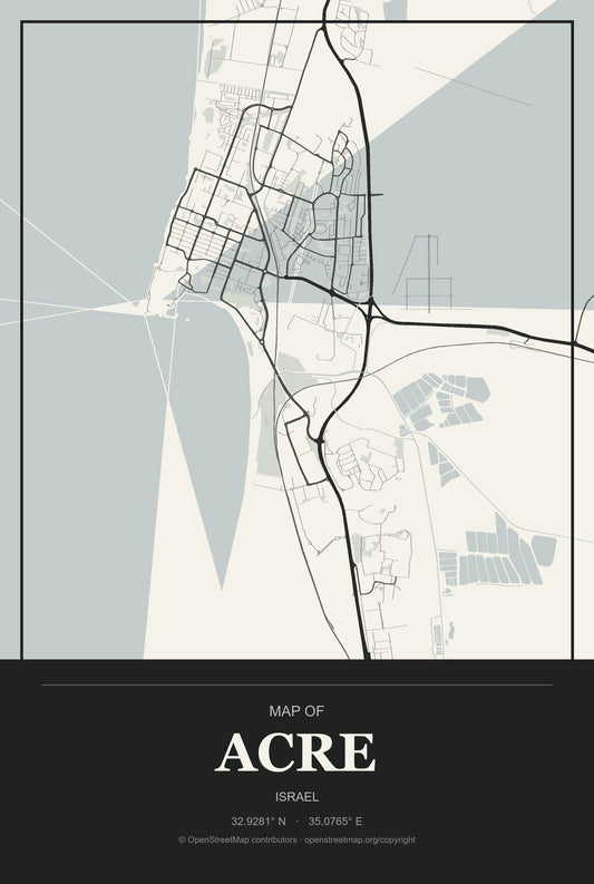 Acre, Israel City Map Aluminum Sign in Museum Plaque style