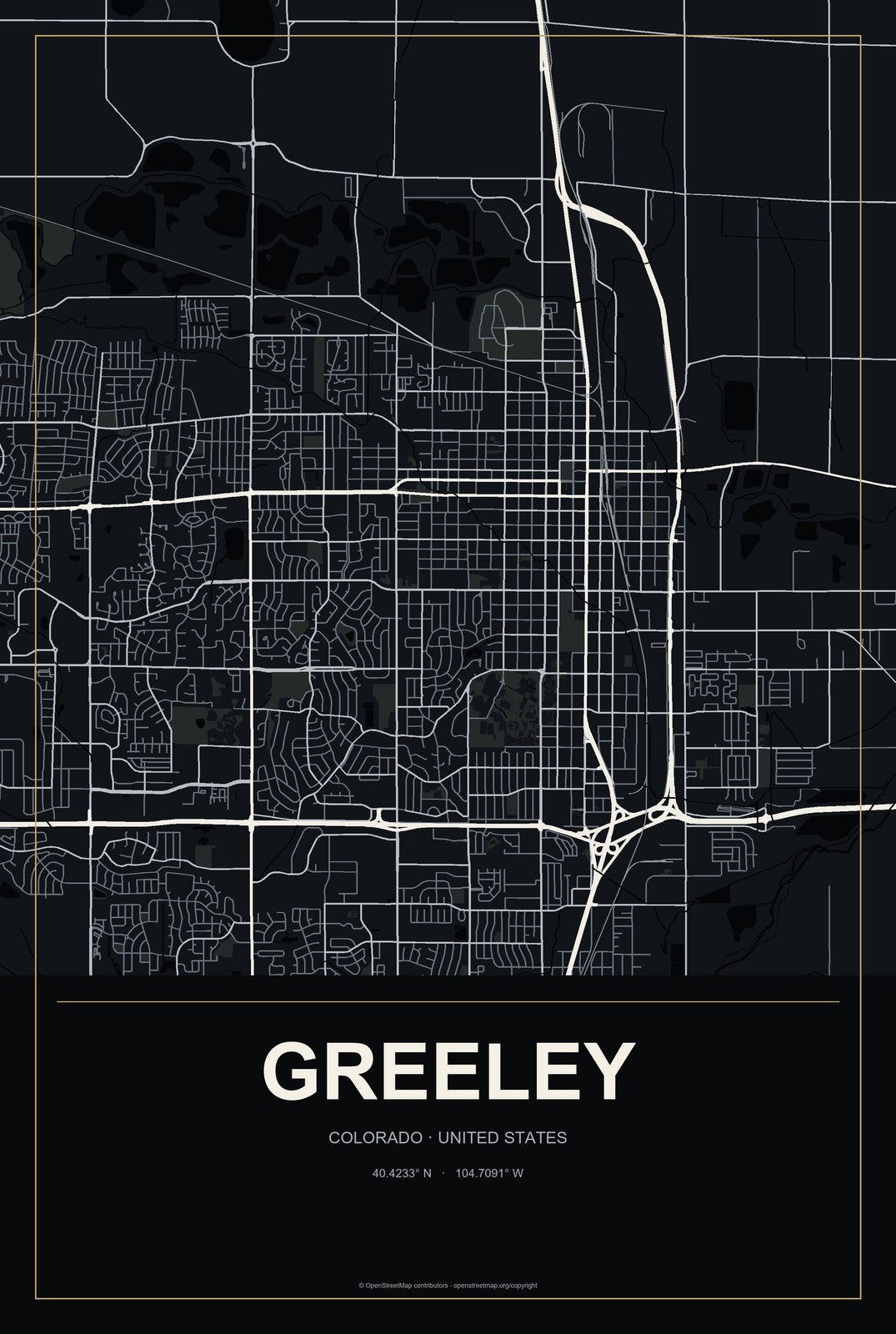 Greeley, Colorado City Map Aluminum Sign in Metropolitan Noir style