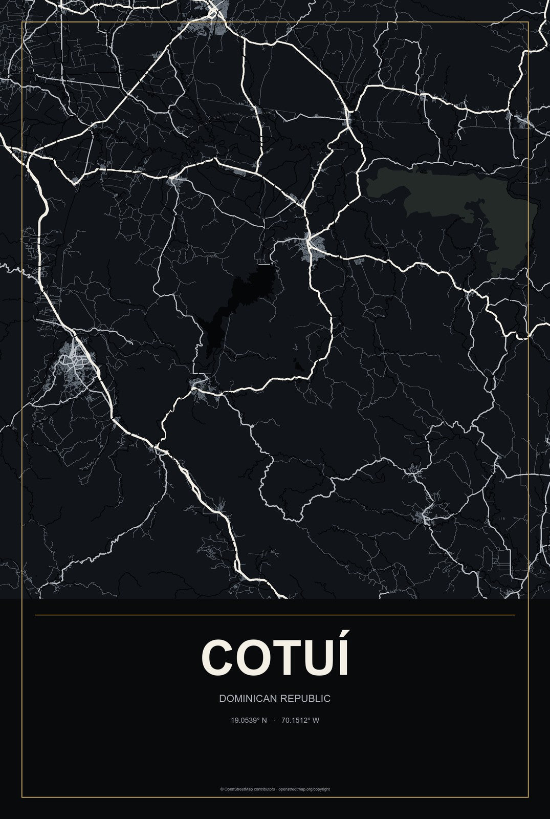 Cotuí, Dominican Republic City Map Aluminum Sign in Metropolitan Noir style
