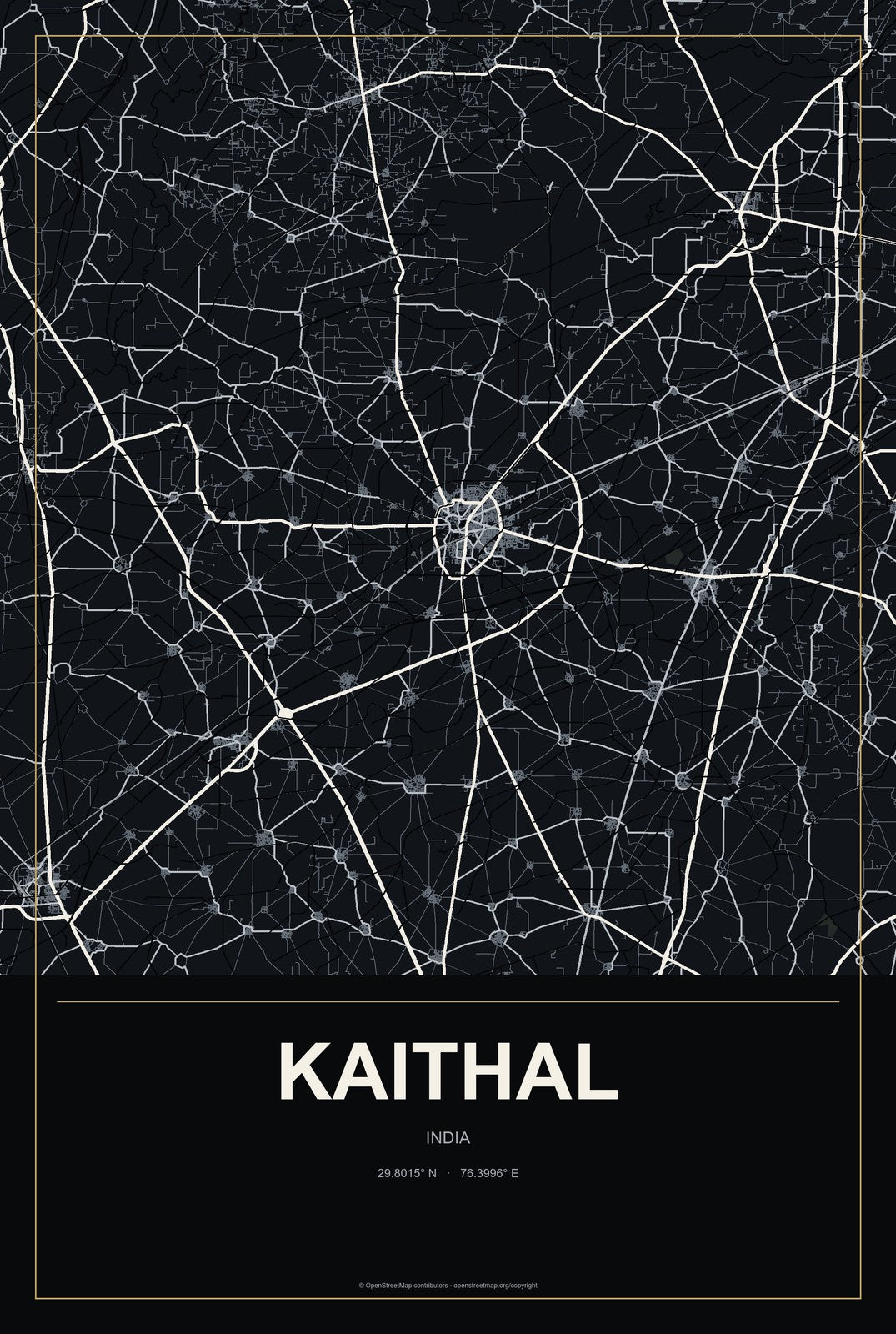 Kaithal, India City Map Aluminum Sign in Metropolitan Noir style