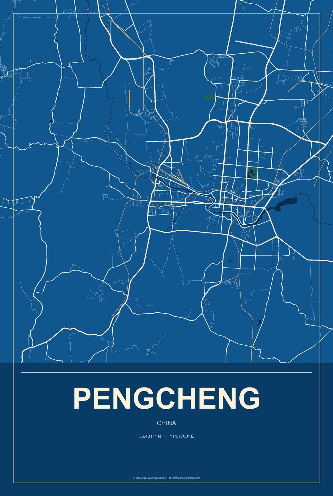 Pengcheng, China City Map Aluminum Sign in Harbor Cobalt style