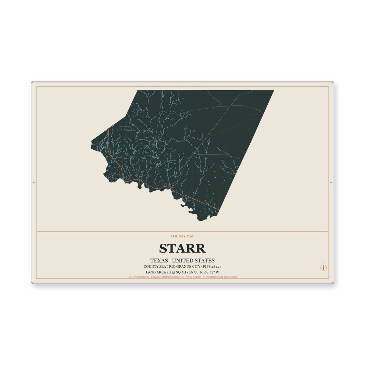 Starr County, Texas Map Aluminum Sign in Headline Atlas style