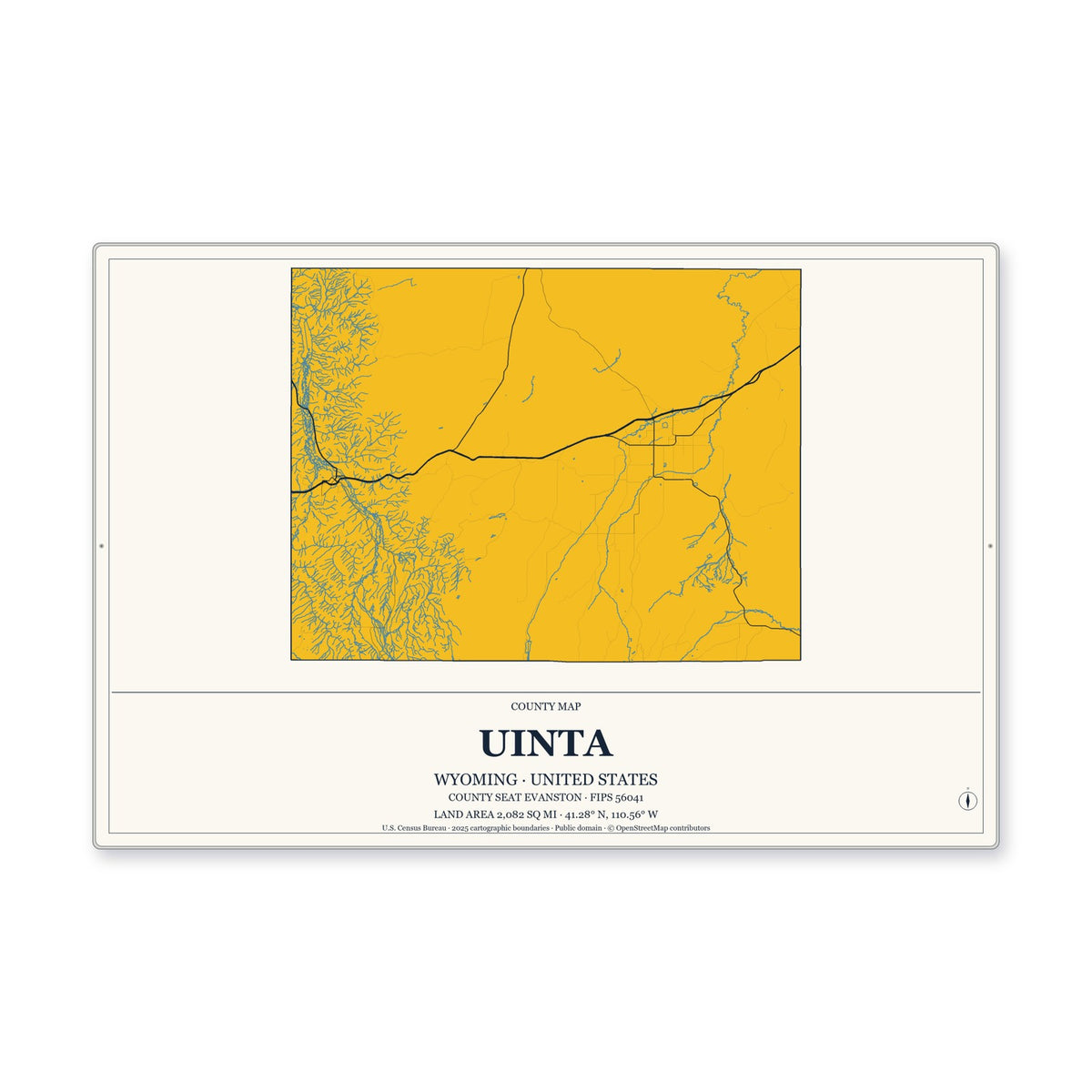 Uinta County, Wyoming Map Aluminum Sign in Citrine Modern style