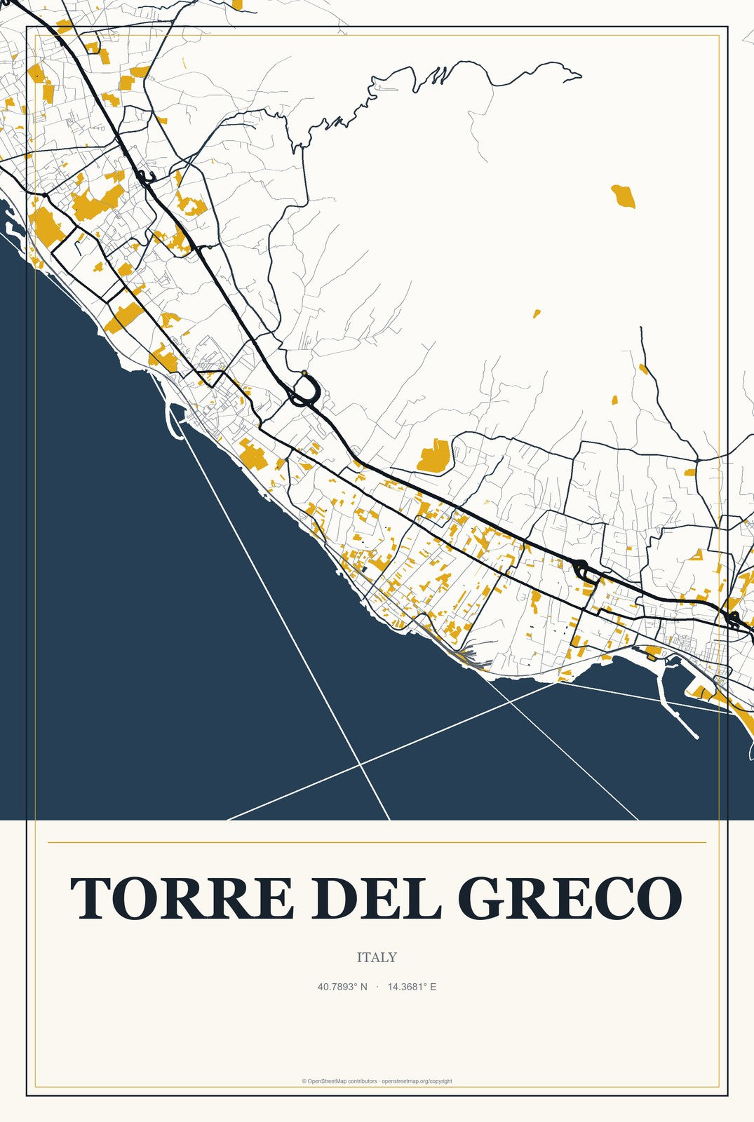 Torre del Greco, Italy City Map Aluminum Sign in Citrine Modern style