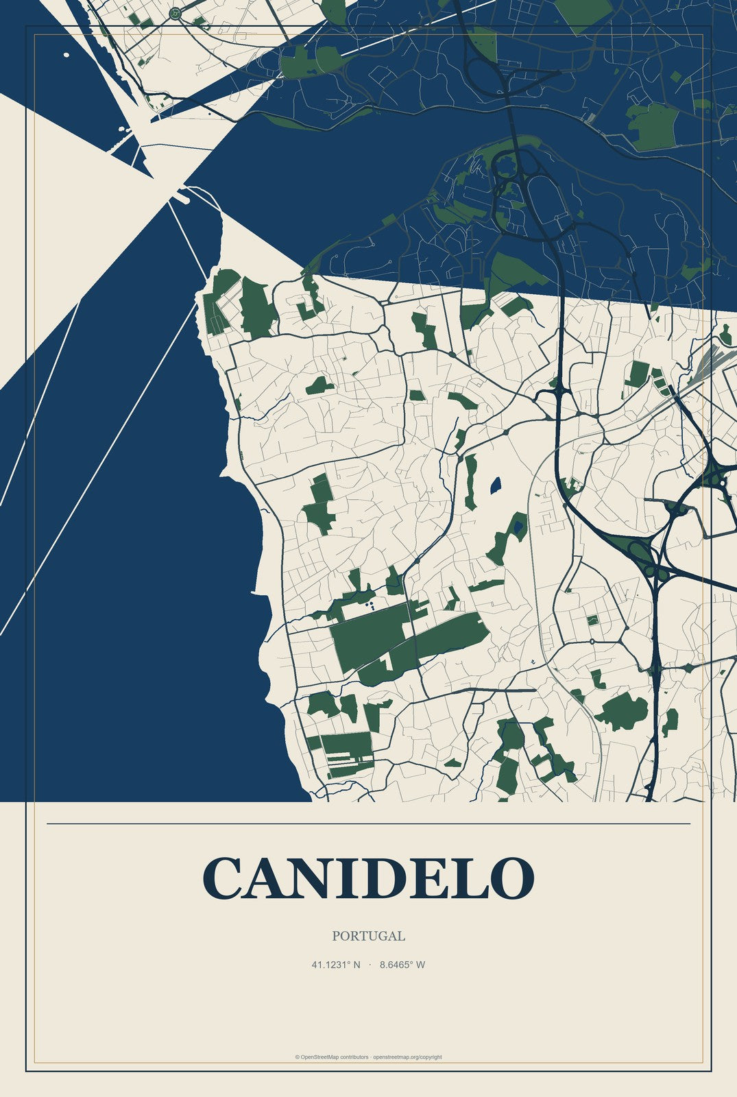 Canidelo, Portugal City Map Aluminum Sign in Coastal Cutout style