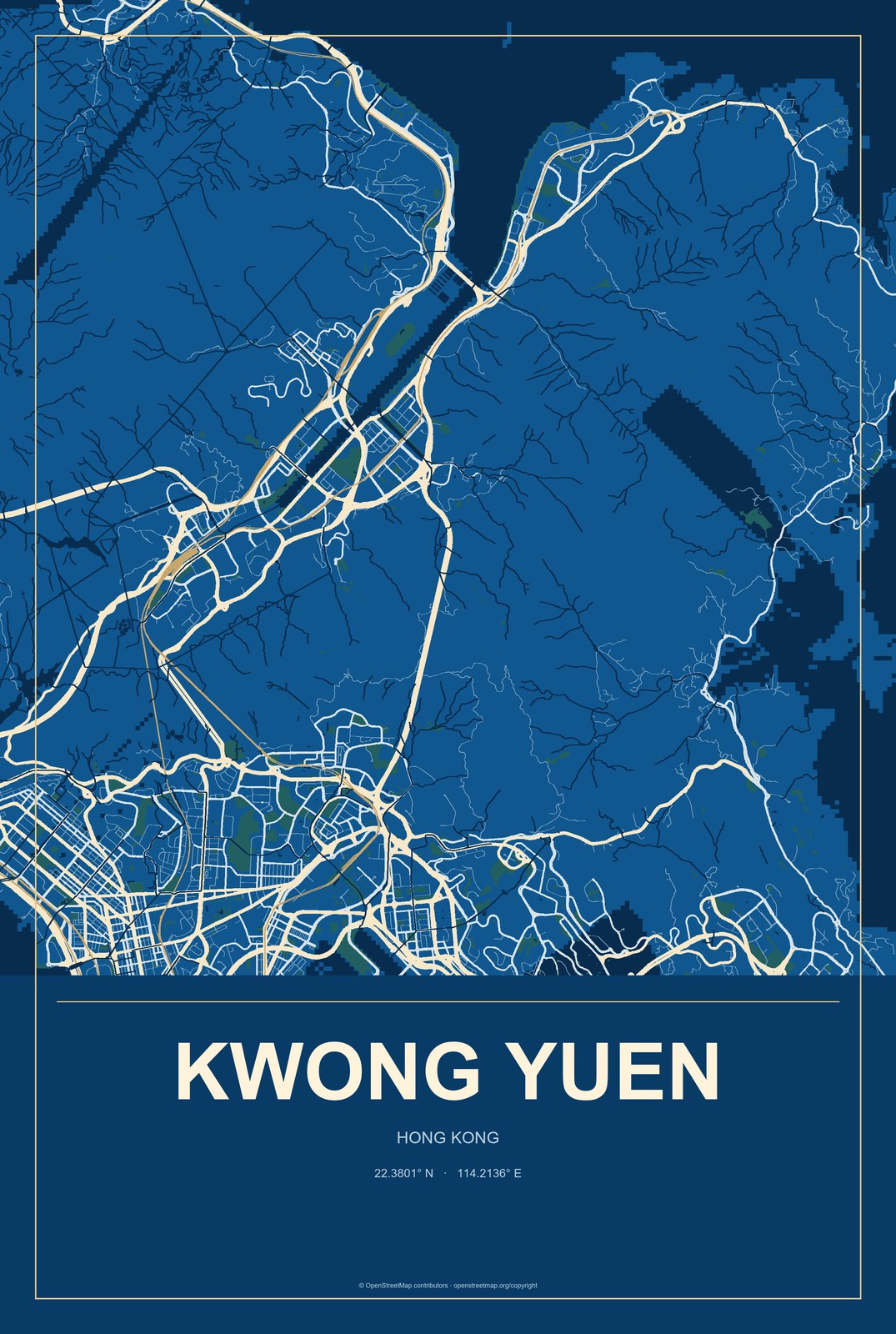 Kwong Yuen, Hong Kong City Map Aluminum Sign in Harbor Cobalt style