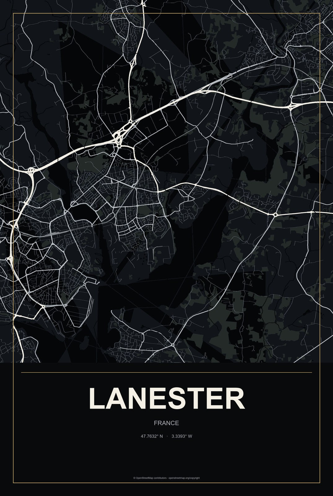 Lanester, France City Map Aluminum Sign in Metropolitan Noir style