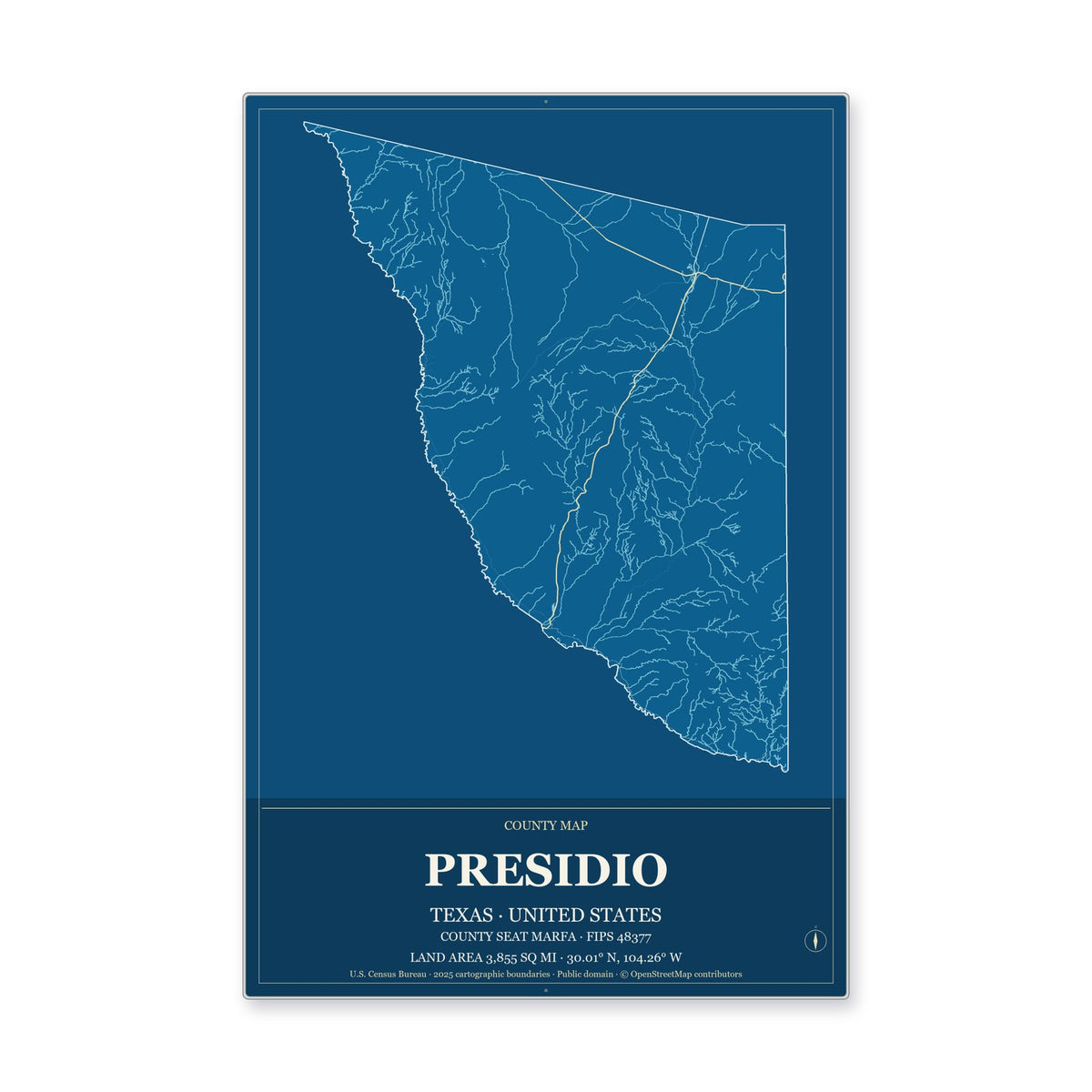 Presidio County, Texas Map Aluminum Sign in Harbor Cobalt style