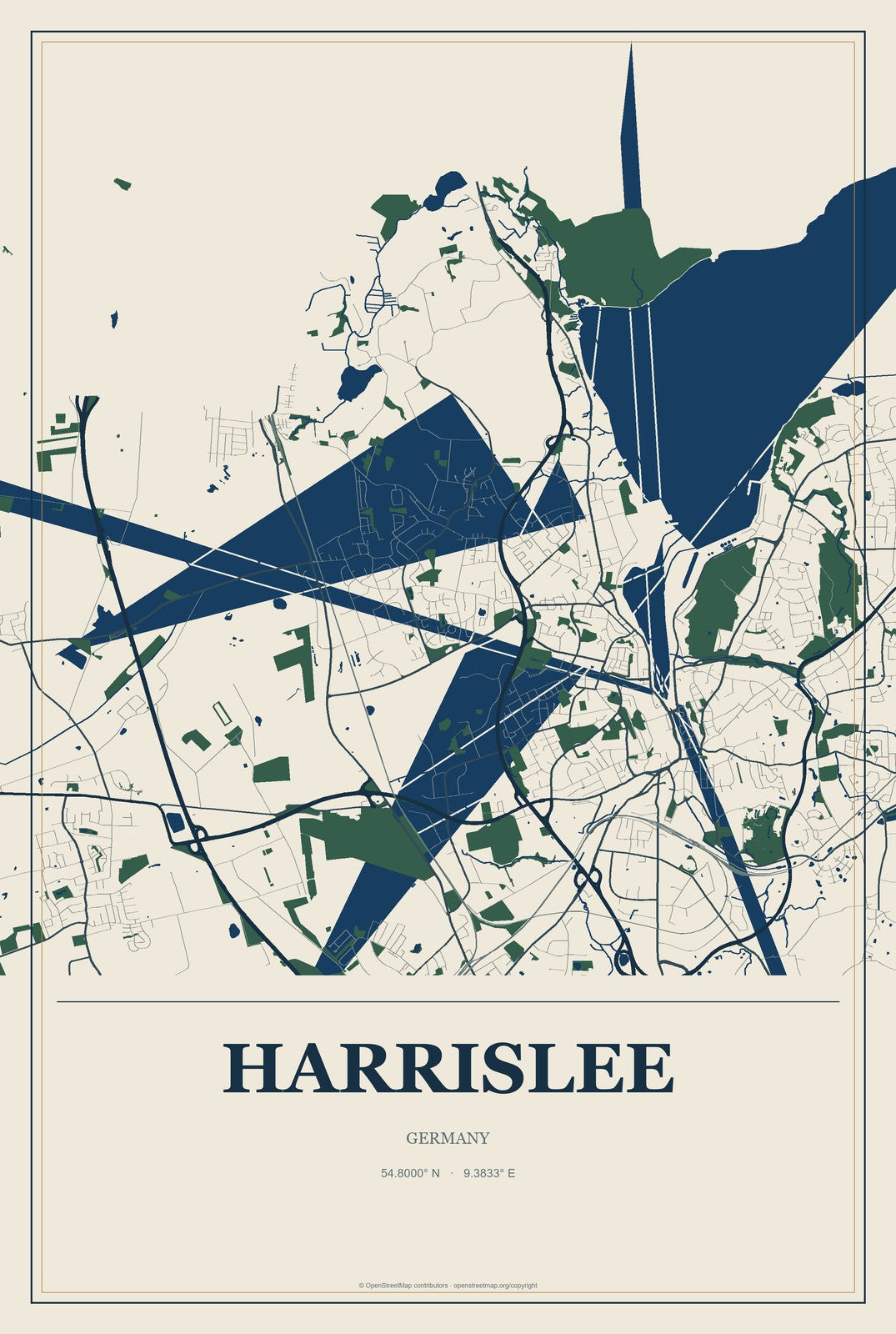 Harrislee, Germany City Map Aluminum Sign in Coastal Cutout style