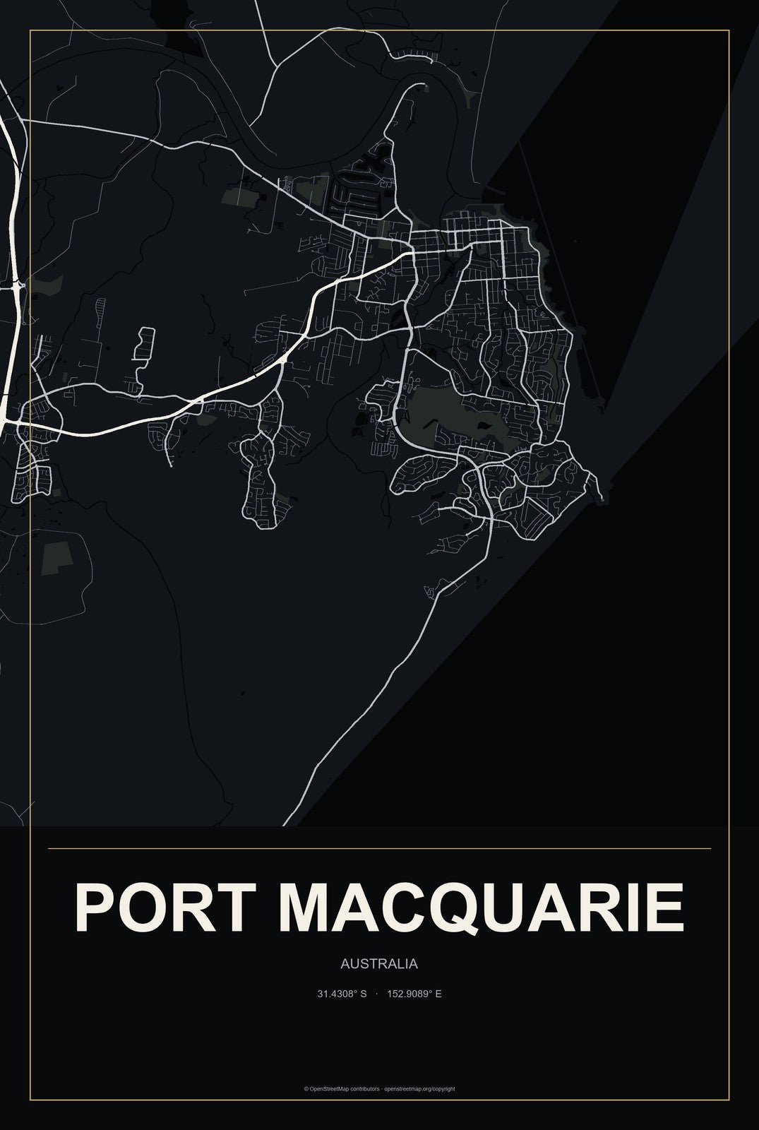 Port Macquarie, Australia City Map Aluminum Sign in Metropolitan Noir style