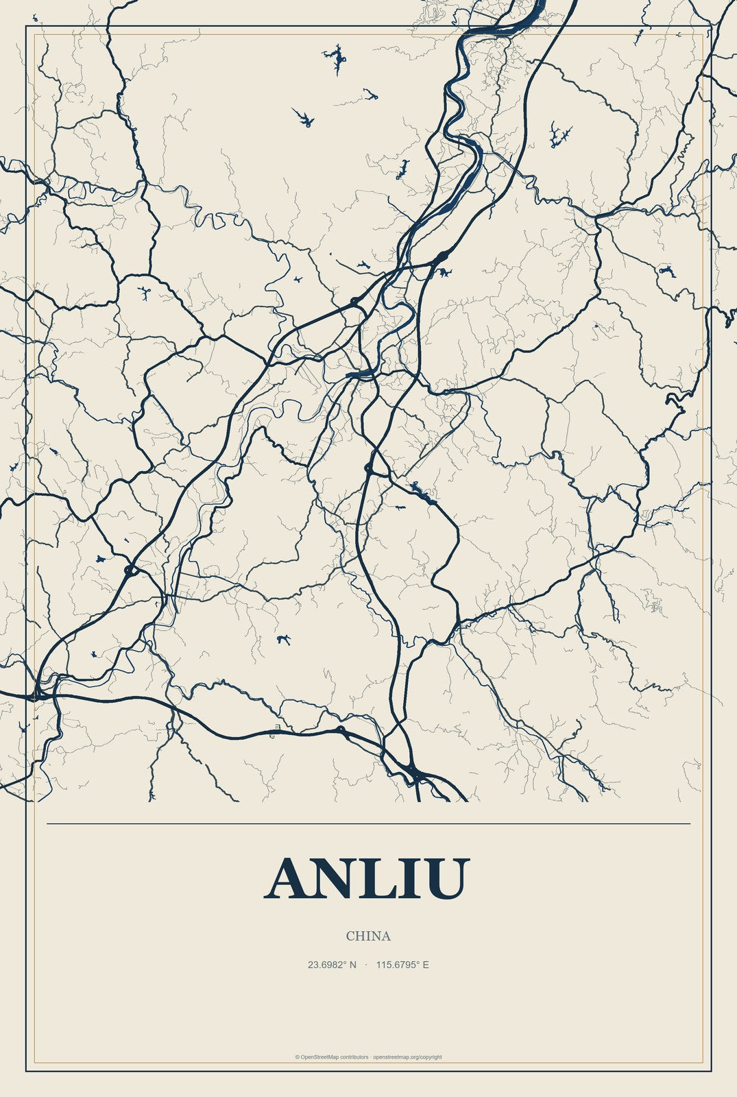 Anliu, China City Map Aluminum Sign in Coastal Cutout style