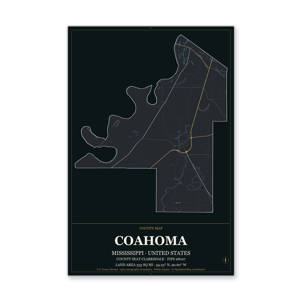 Coahoma County, Mississippi Map Aluminum Sign in Metropolitan Noir style