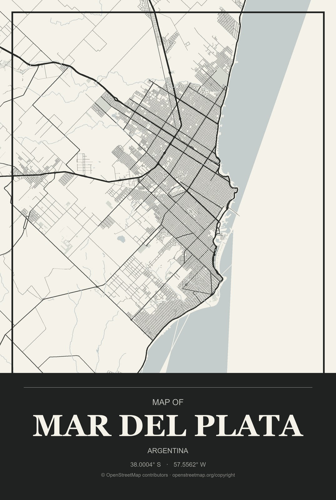 Mar del Plata, Argentina City Map Aluminum Sign in Museum Plaque style