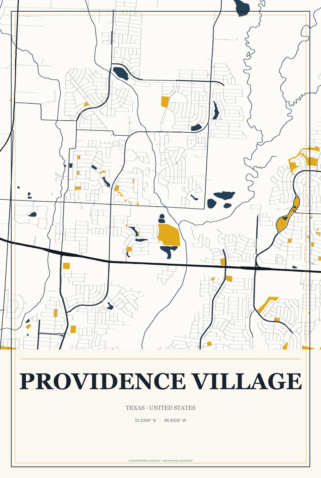 Providence Village, Texas City Map Aluminum Sign in Citrine Modern style
