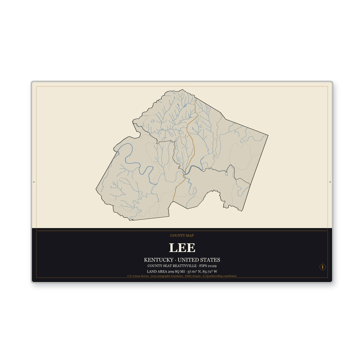 Lee County, Kentucky Map Aluminum Sign in Museum Plaque style