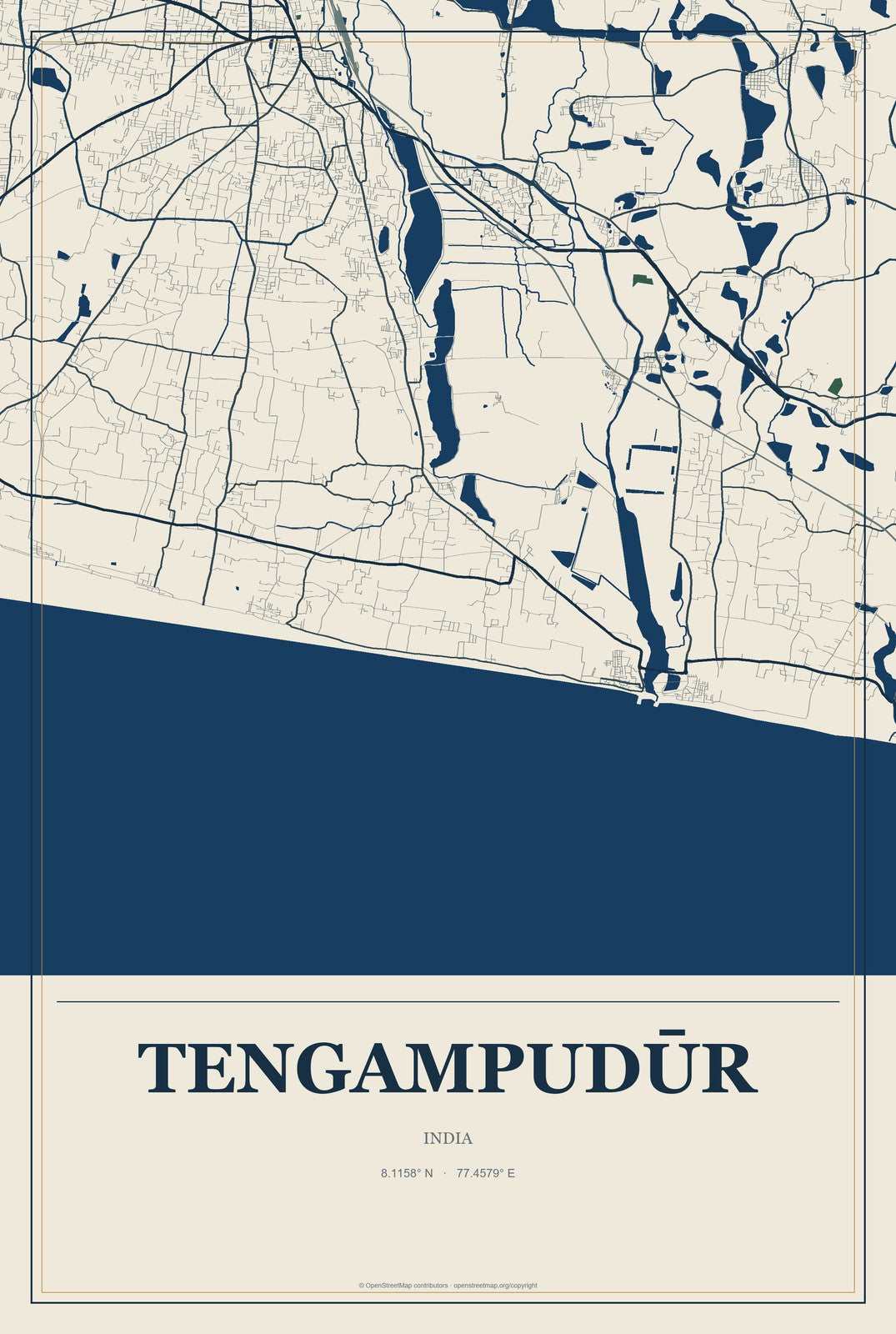 Tengampudūr, India City Map Aluminum Sign in Coastal Cutout style