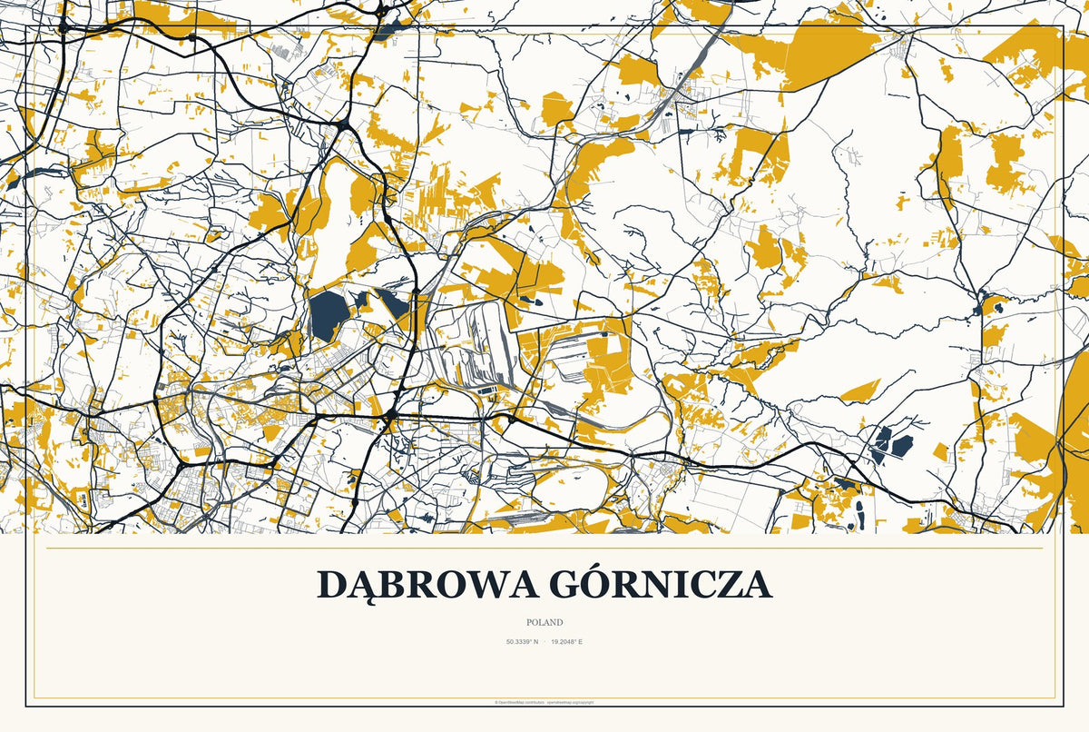 Dąbrowa Górnicza, Poland City Map Aluminum Sign in Citrine Modern style