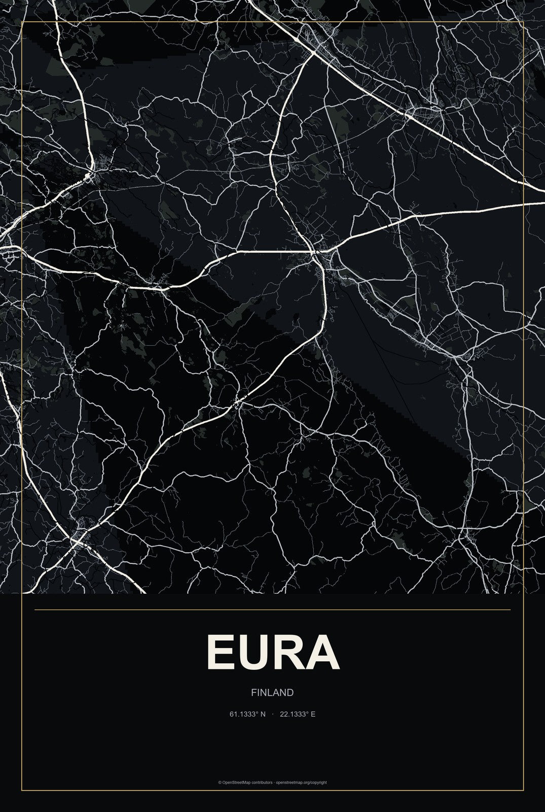 Eura, Finland City Map Aluminum Sign in Metropolitan Noir style
