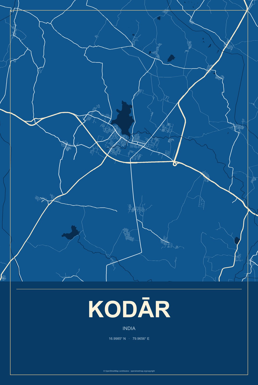 Kodār, India City Map Aluminum Sign in Harbor Cobalt style