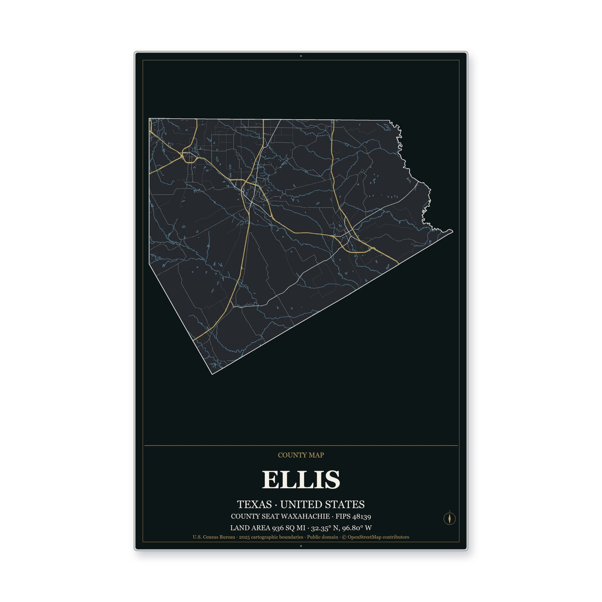 Ellis County, Texas Map Aluminum Sign in Metropolitan Noir style