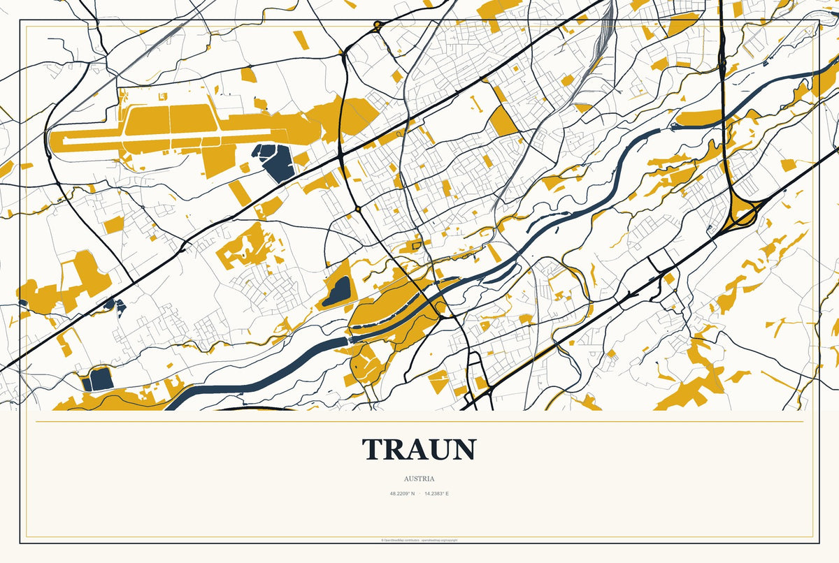 Traun, Austria City Map Aluminum Sign in Citrine Modern style