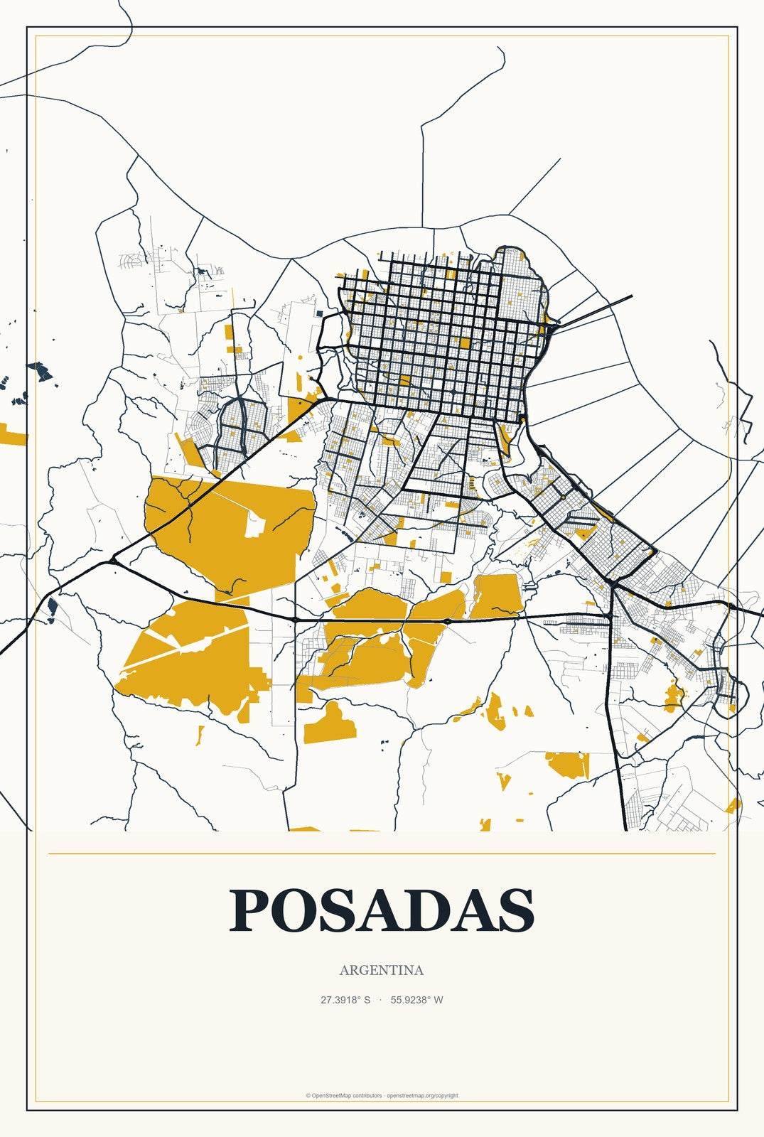 Posadas, Argentina City Map Aluminum Sign in Citrine Modern style