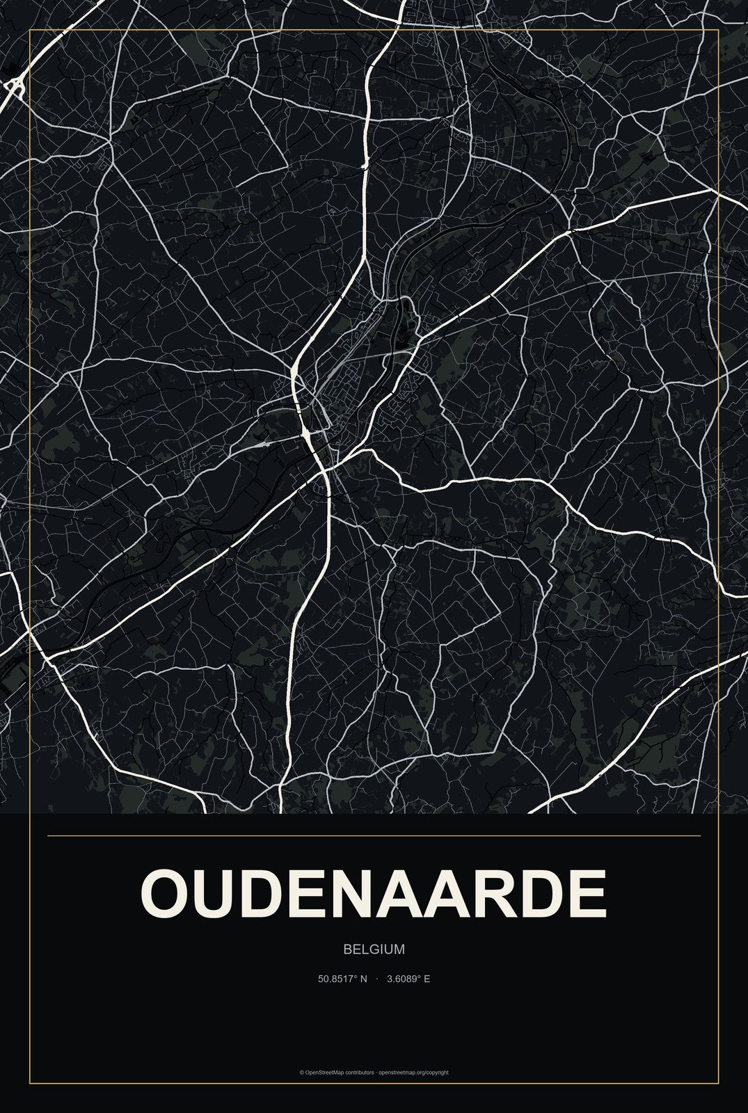 Oudenaarde, Belgium City Map Aluminum Sign in Metropolitan Noir style