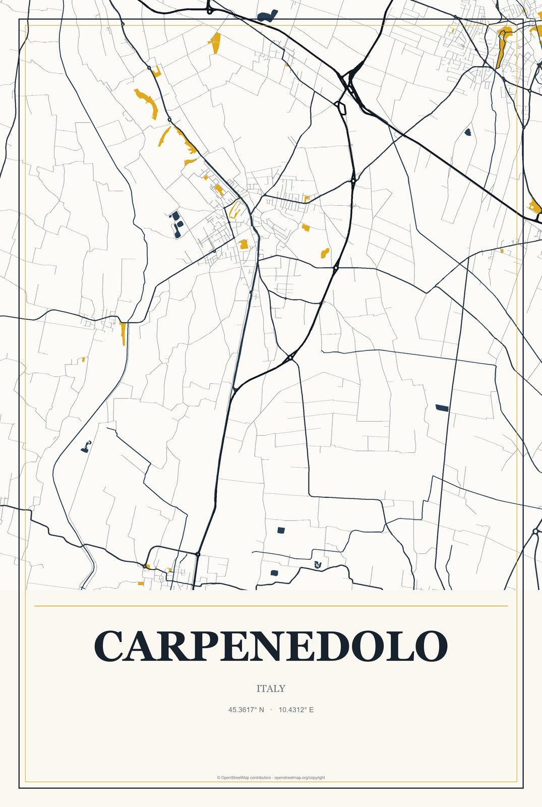 Carpenedolo, Italy City Map Aluminum Sign in Citrine Modern style