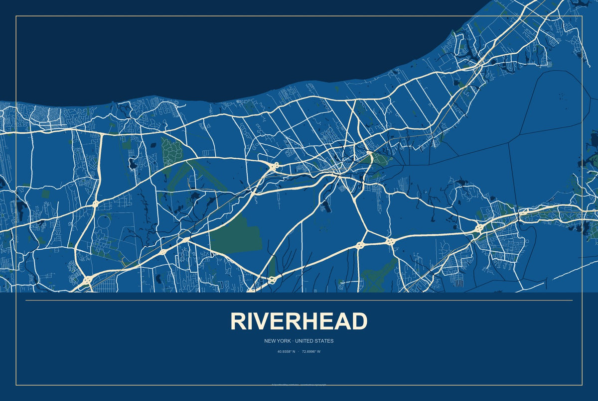 Riverhead, New York City Map Aluminum Sign in Harbor Cobalt style
