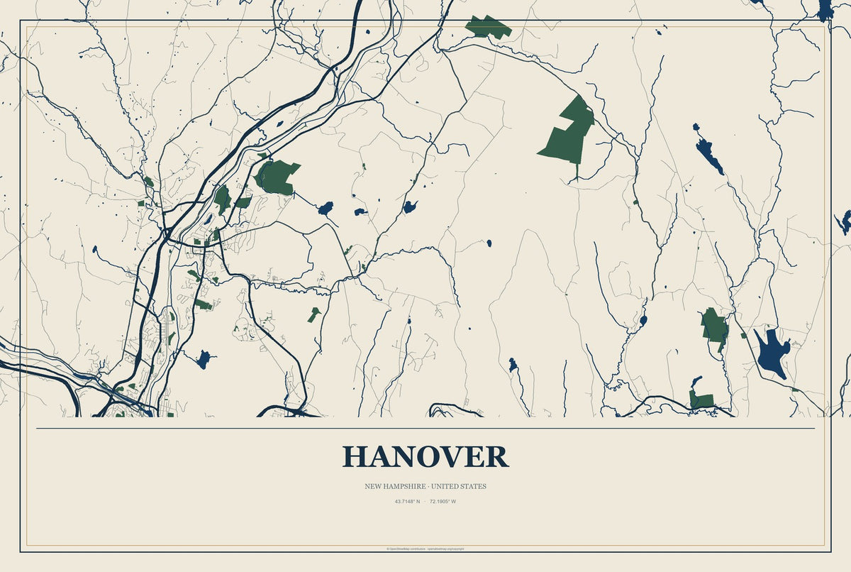 Hanover, New Hampshire City Map Aluminum Sign in Coastal Cutout style