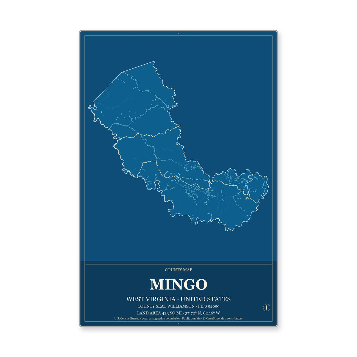 Mingo County, West Virginia Map Aluminum Sign in Harbor Cobalt style