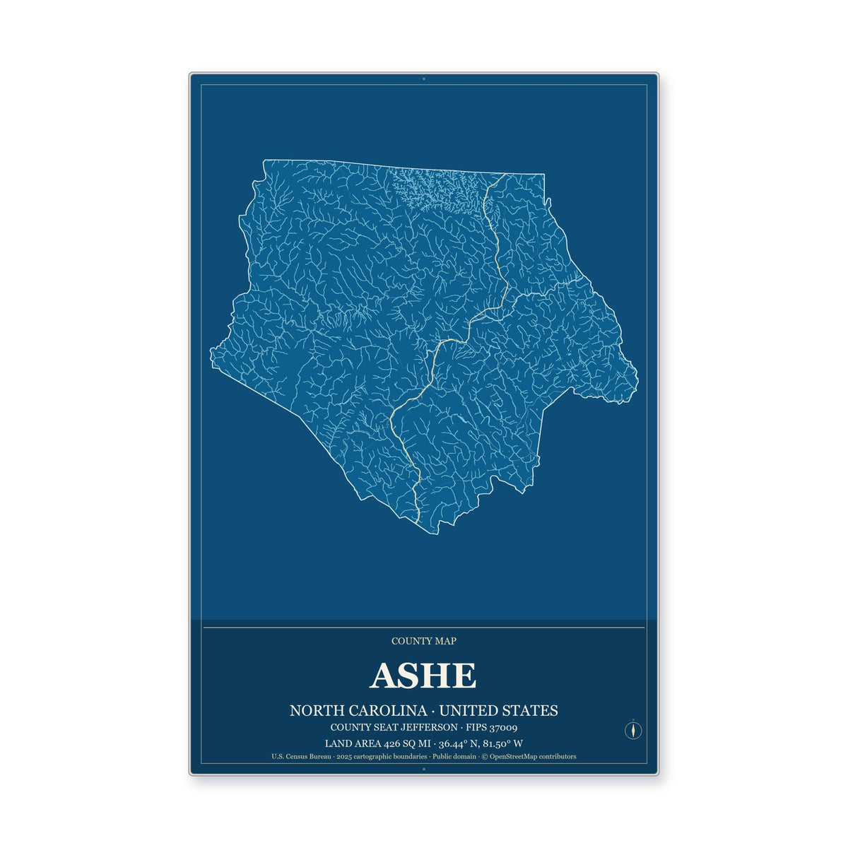 Ashe County, North Carolina Map Aluminum Sign in Harbor Cobalt style