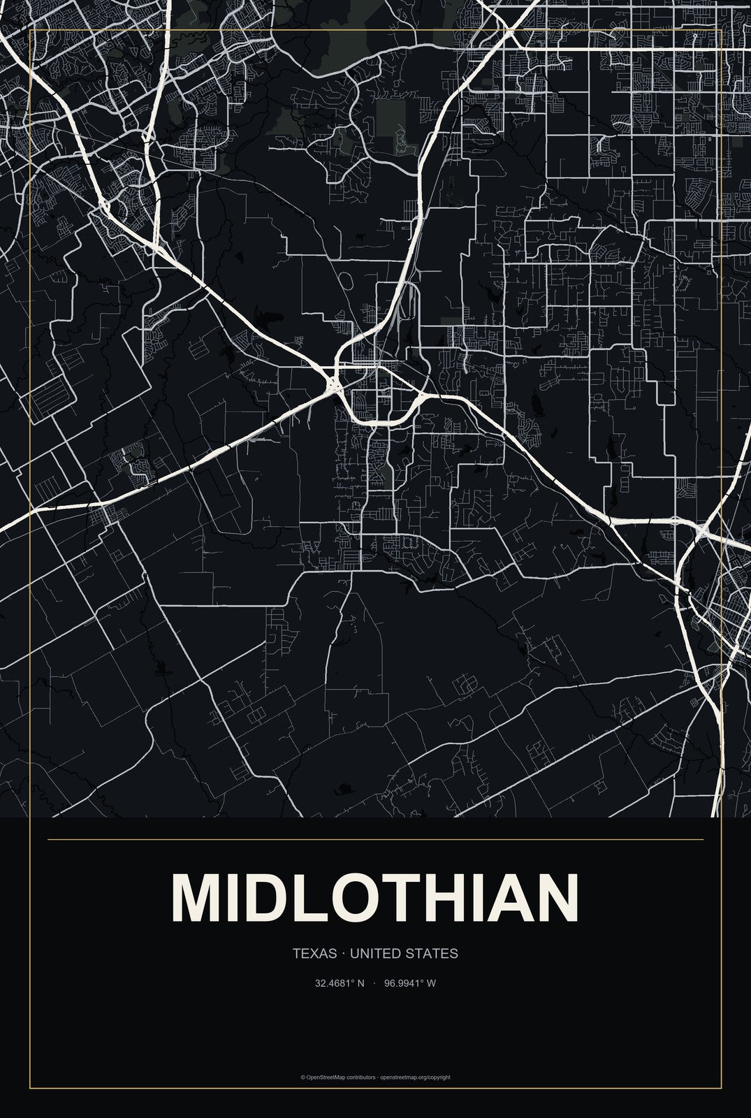 Midlothian, Texas City Map Aluminum Sign in Metropolitan Noir style
