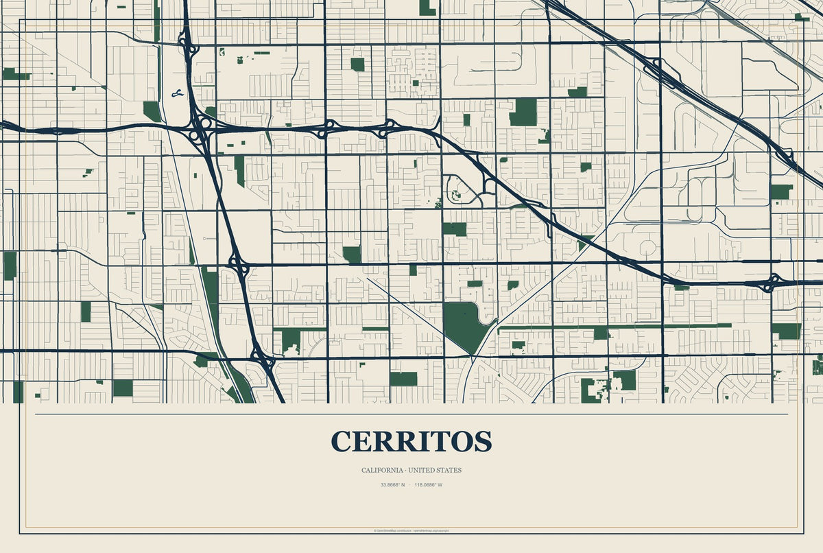 Cerritos, California City Map Aluminum Sign in Coastal Cutout style