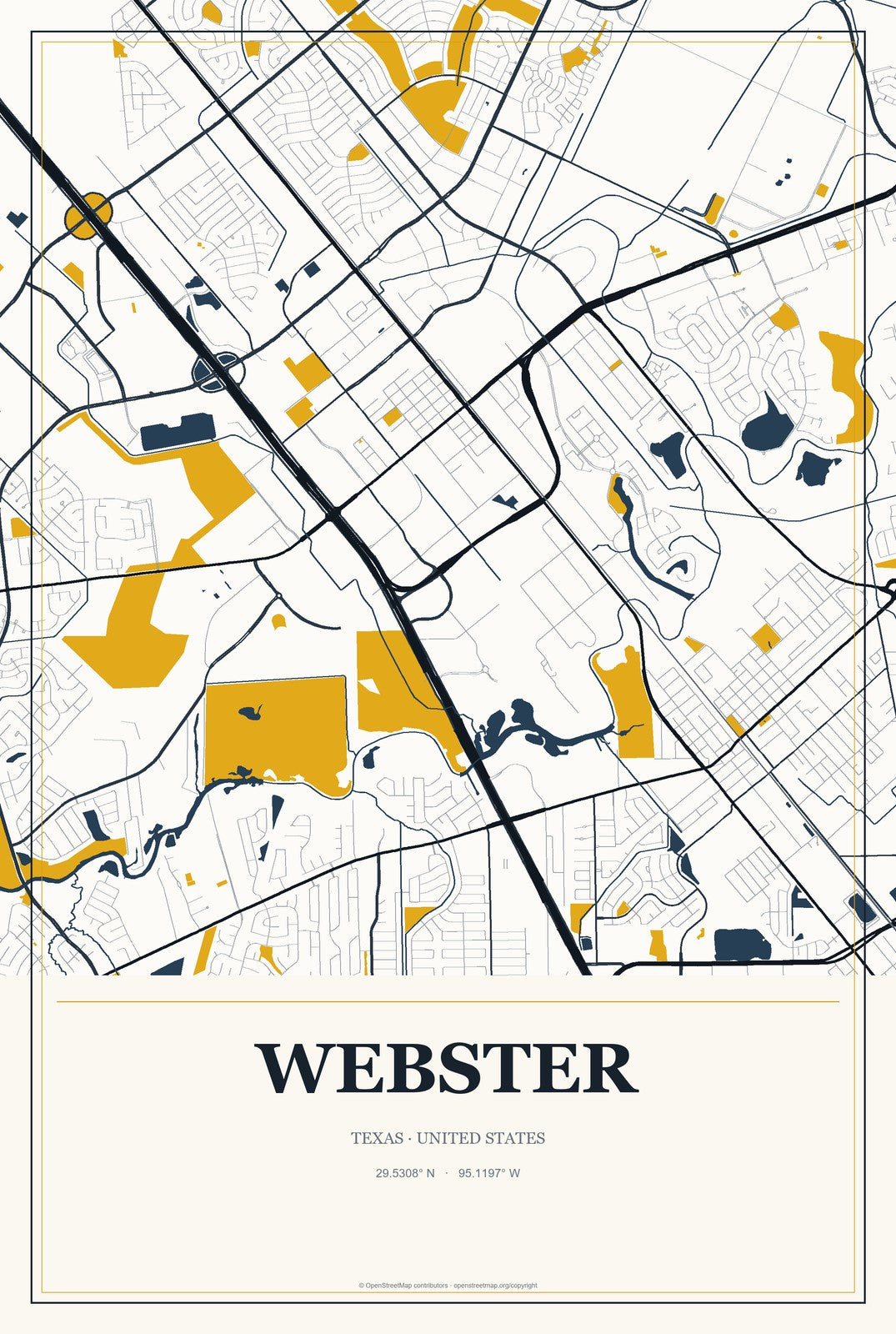 Webster, Texas City Map Aluminum Sign in Citrine Modern style